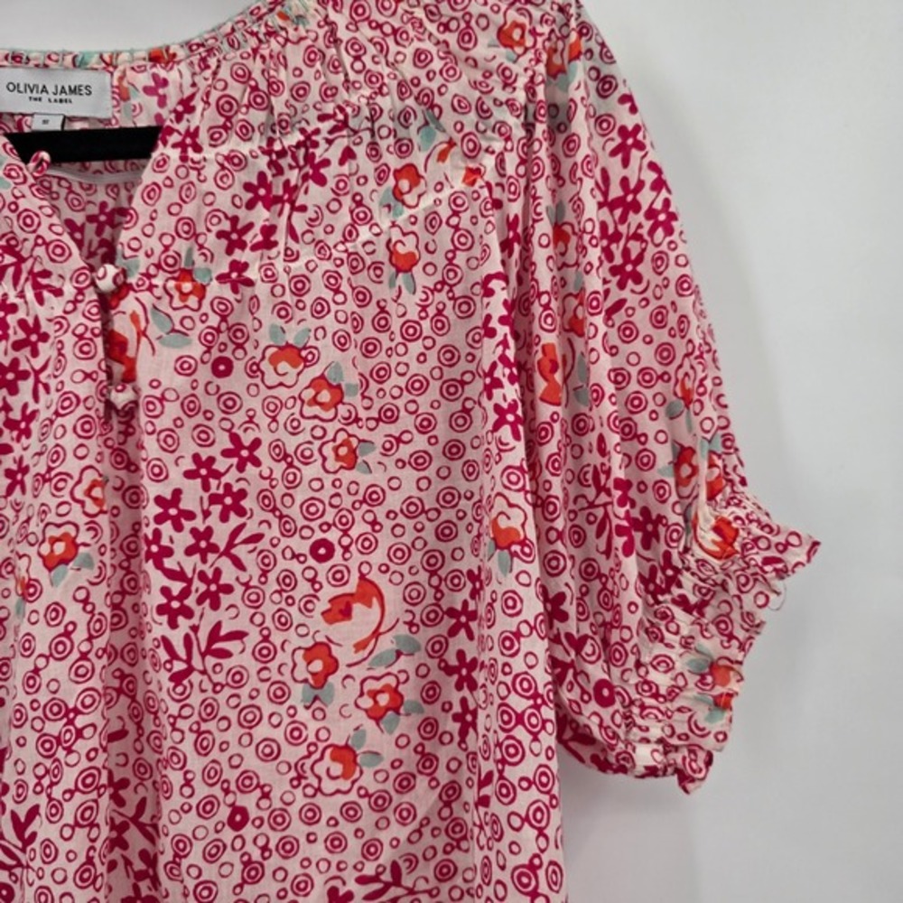 Olivia James Floral Blouse Smocked Neck 3/4 Sleeve Pink Top Size S - Picture 3 of 10